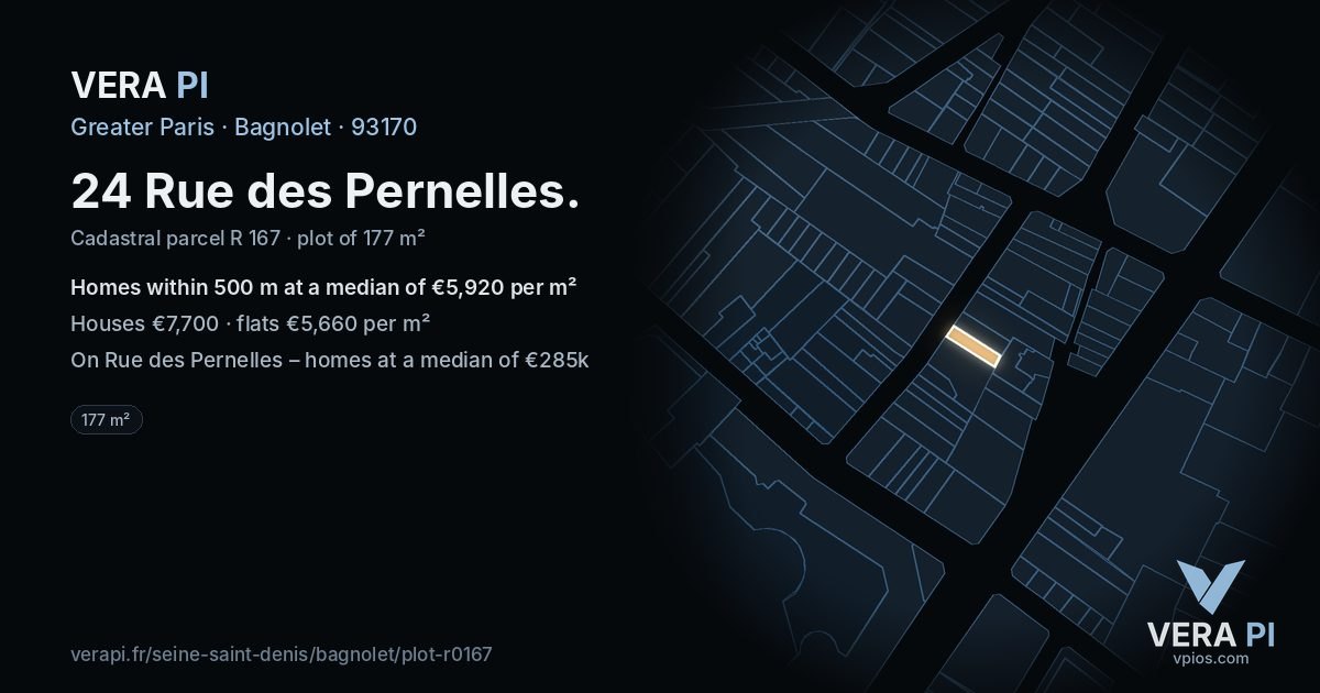 24 Rue des Pernelles, Bagnolet at night – the plot lit, the parcels around coloured by the prices near them