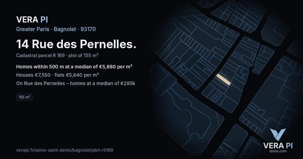 14 Rue des Pernelles, Bagnolet at night – the plot lit, the parcels around coloured by the prices near them
