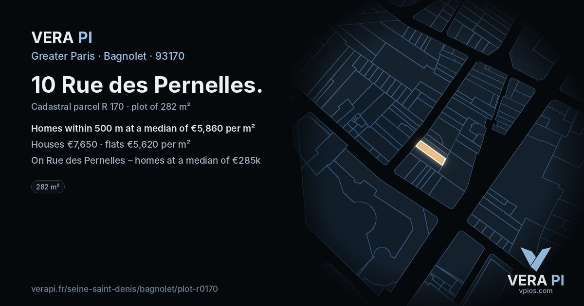10 Rue des Pernelles, Bagnolet at night – the plot lit, the parcels around coloured by the prices near them
