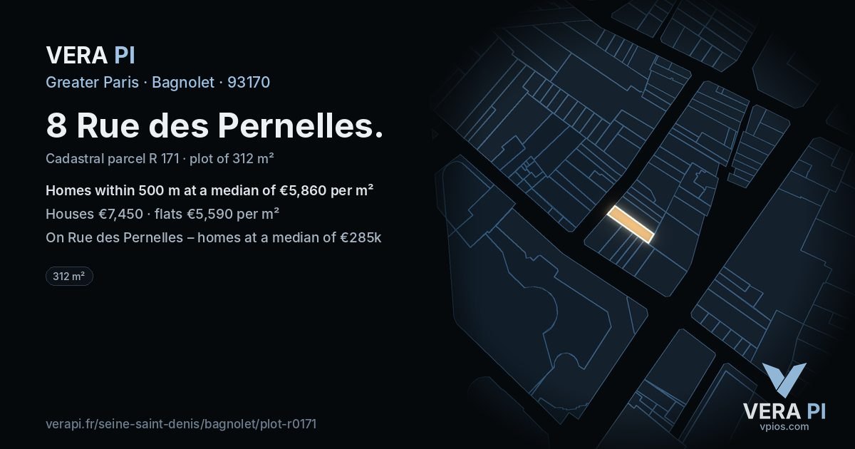 8 Rue des Pernelles, Bagnolet at night – the plot lit, the parcels around coloured by the prices near them