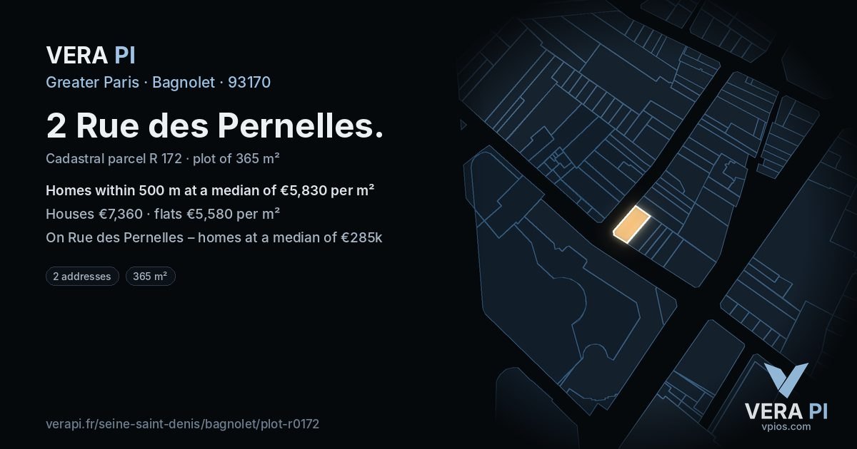 2 Rue des Pernelles, Bagnolet at night – the plot lit, the parcels around coloured by the prices near them