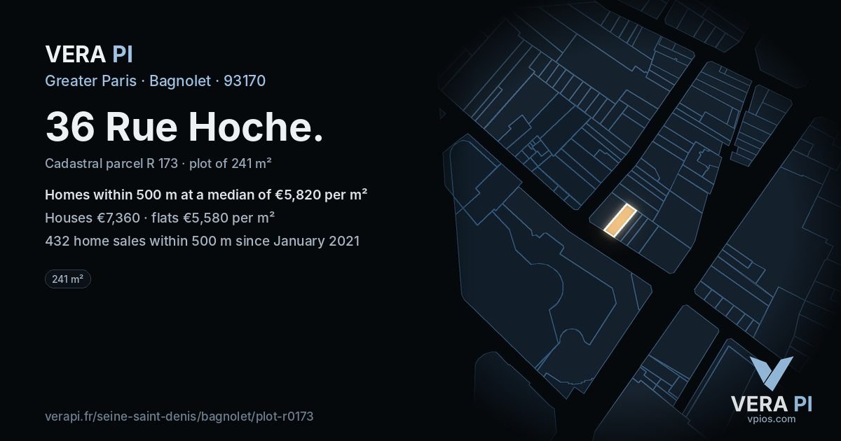 36 Rue Hoche, Bagnolet at night – the plot lit, the parcels around coloured by the prices near them
