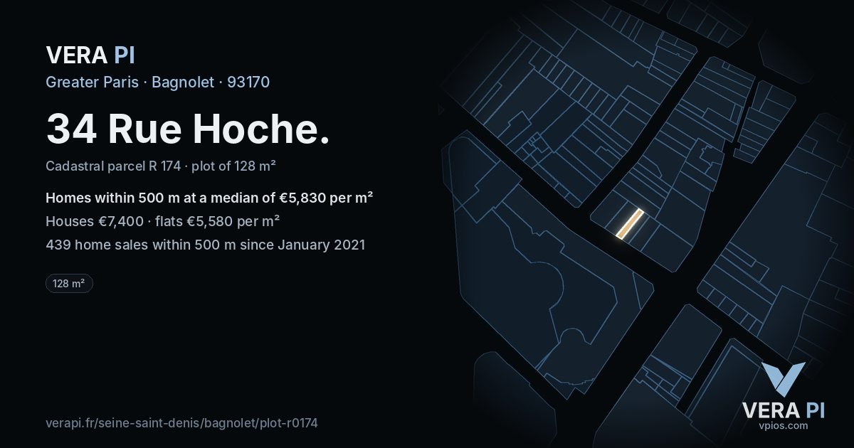 34 Rue Hoche, Bagnolet at night – the plot lit, the parcels around coloured by the prices near them