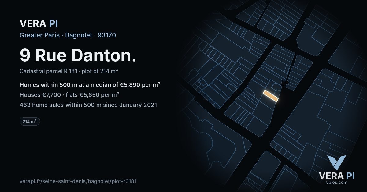 9 Rue Danton, Bagnolet at night – the plot lit, the parcels around coloured by the prices near them