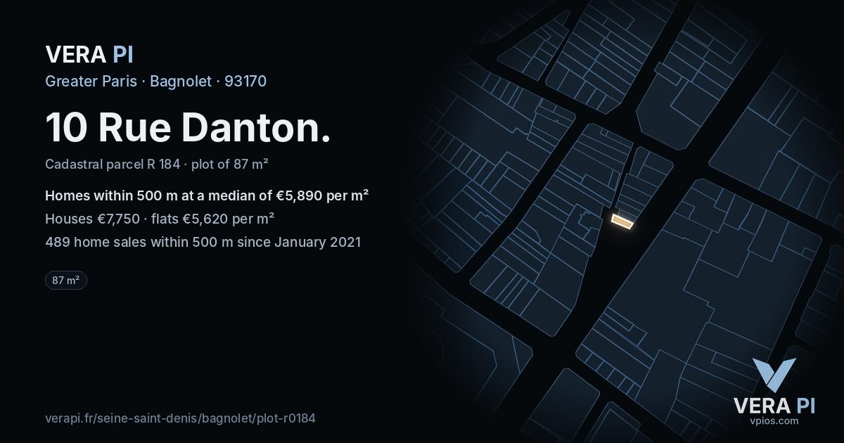 10 Rue Danton, Bagnolet at night – the plot lit, the parcels around coloured by the prices near them
