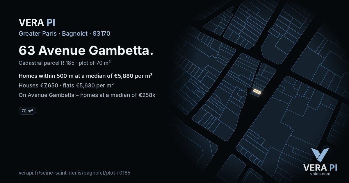 63 Avenue Gambetta, Bagnolet at night – the plot lit, the parcels around coloured by the prices near them