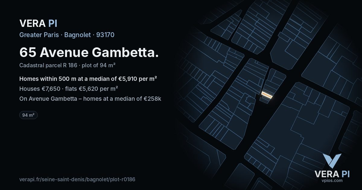 65 Avenue Gambetta, Bagnolet at night – the plot lit, the parcels around coloured by the prices near them