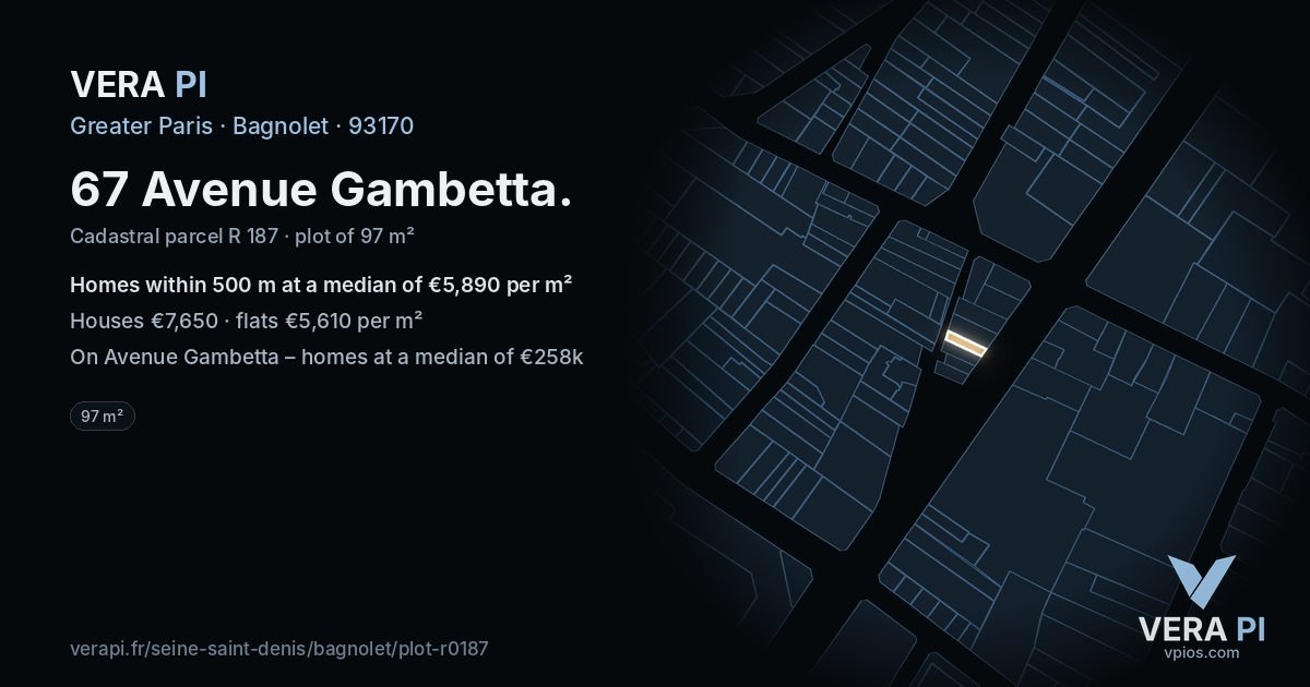 67 Avenue Gambetta, Bagnolet at night – the plot lit, the parcels around coloured by the prices near them