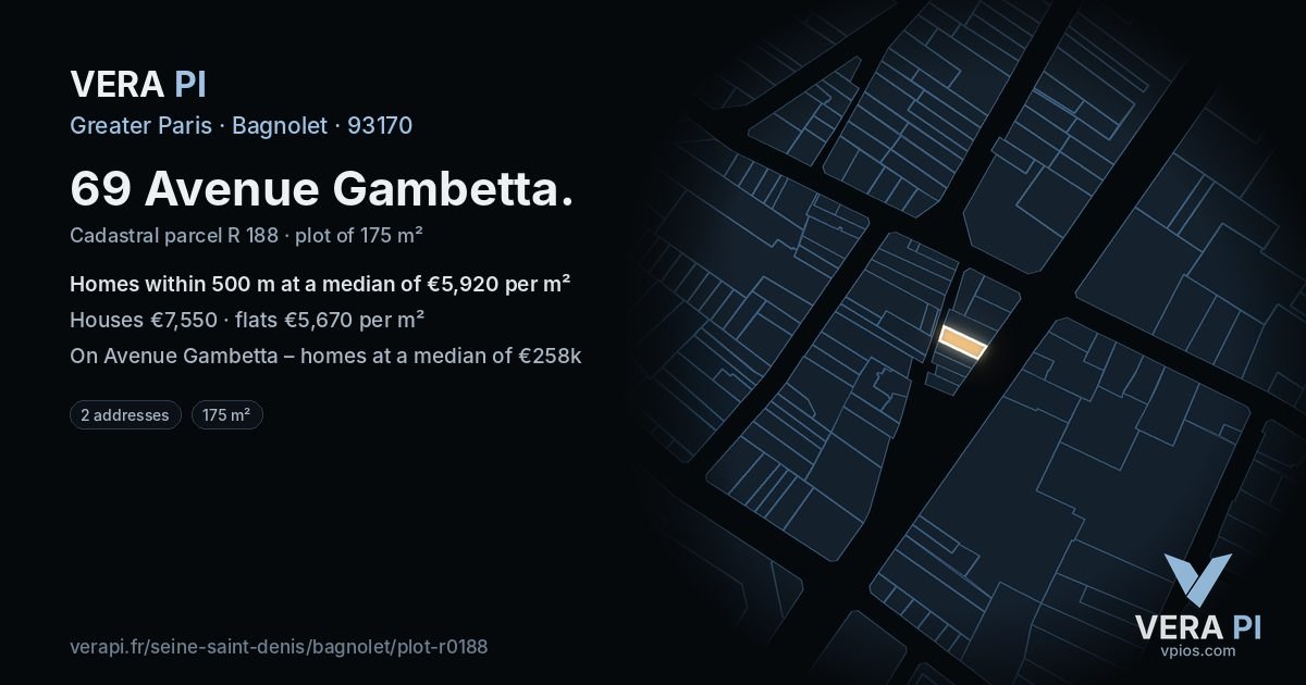 69 Avenue Gambetta, Bagnolet at night – the plot lit, the parcels around coloured by the prices near them