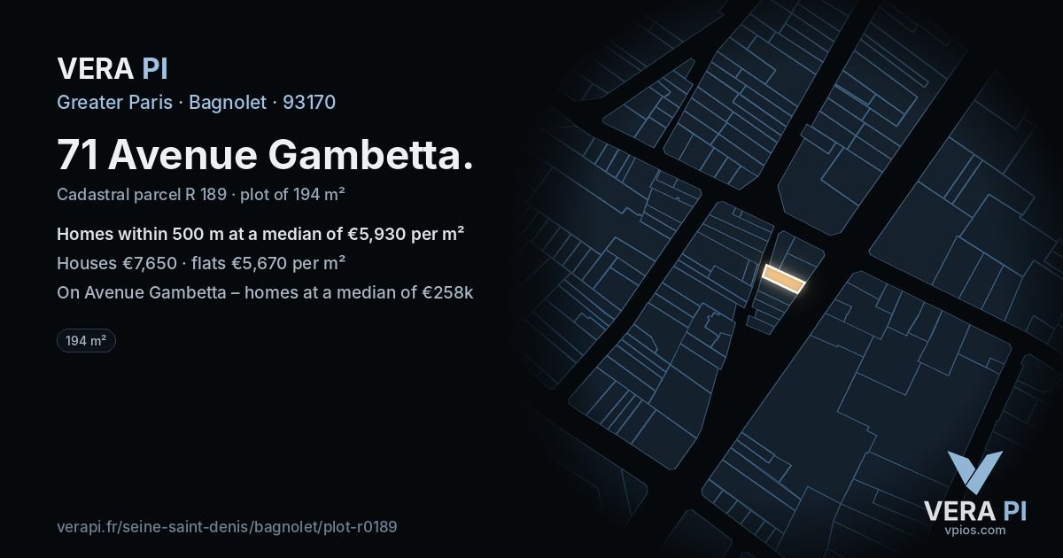 71 Avenue Gambetta, Bagnolet at night – the plot lit, the parcels around coloured by the prices near them