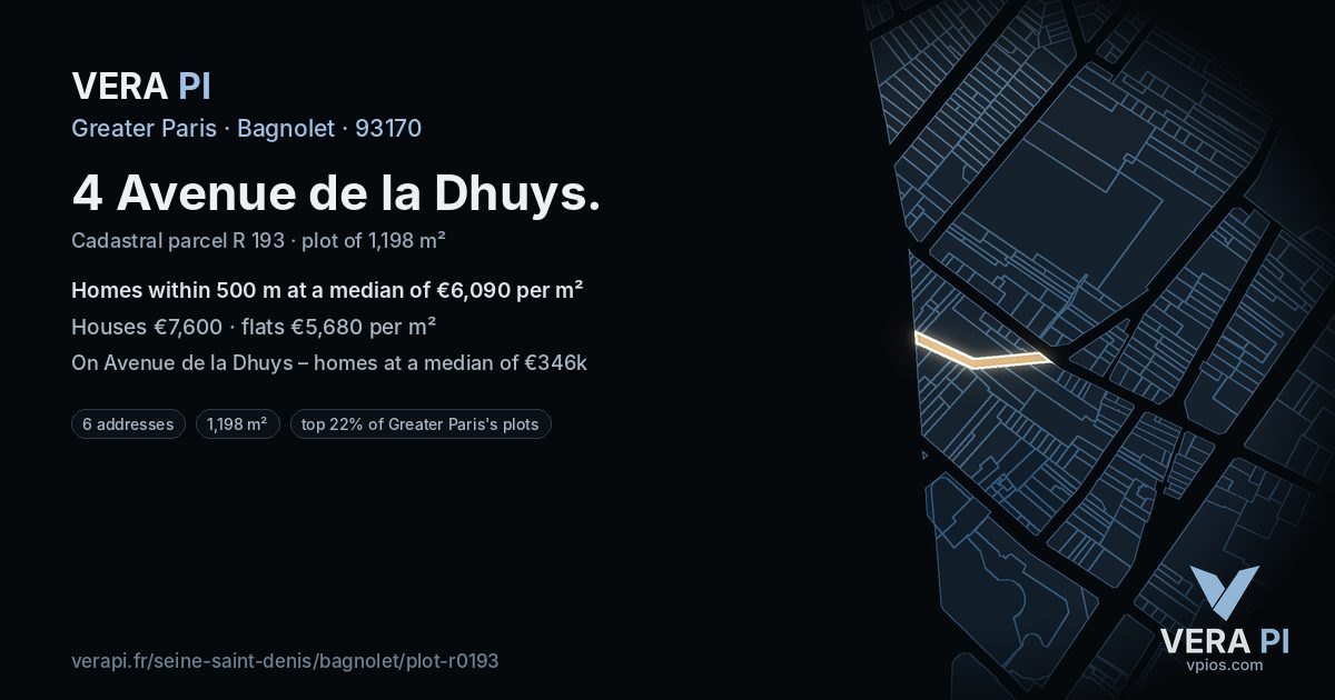 4 Avenue de la Dhuys, Bagnolet at night – the plot lit, the parcels around coloured by the prices near them