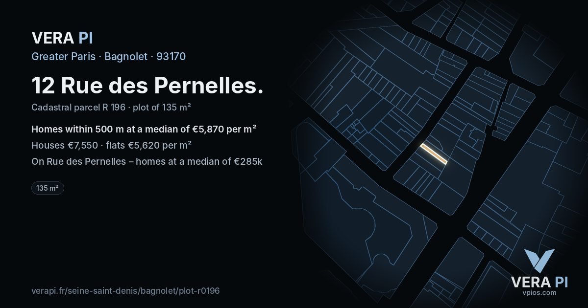 12 Rue des Pernelles, Bagnolet at night – the plot lit, the parcels around coloured by the prices near them