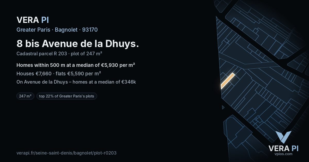 8 bis Avenue de la Dhuys, Bagnolet at night – the plot lit, the parcels around coloured by the prices near them