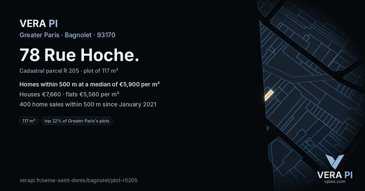 78 Rue Hoche, Bagnolet at night – the plot lit, the parcels around coloured by the prices near them