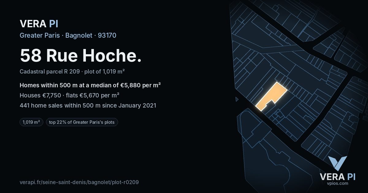 58 Rue Hoche, Bagnolet at night – the plot lit, the parcels around coloured by the prices near them