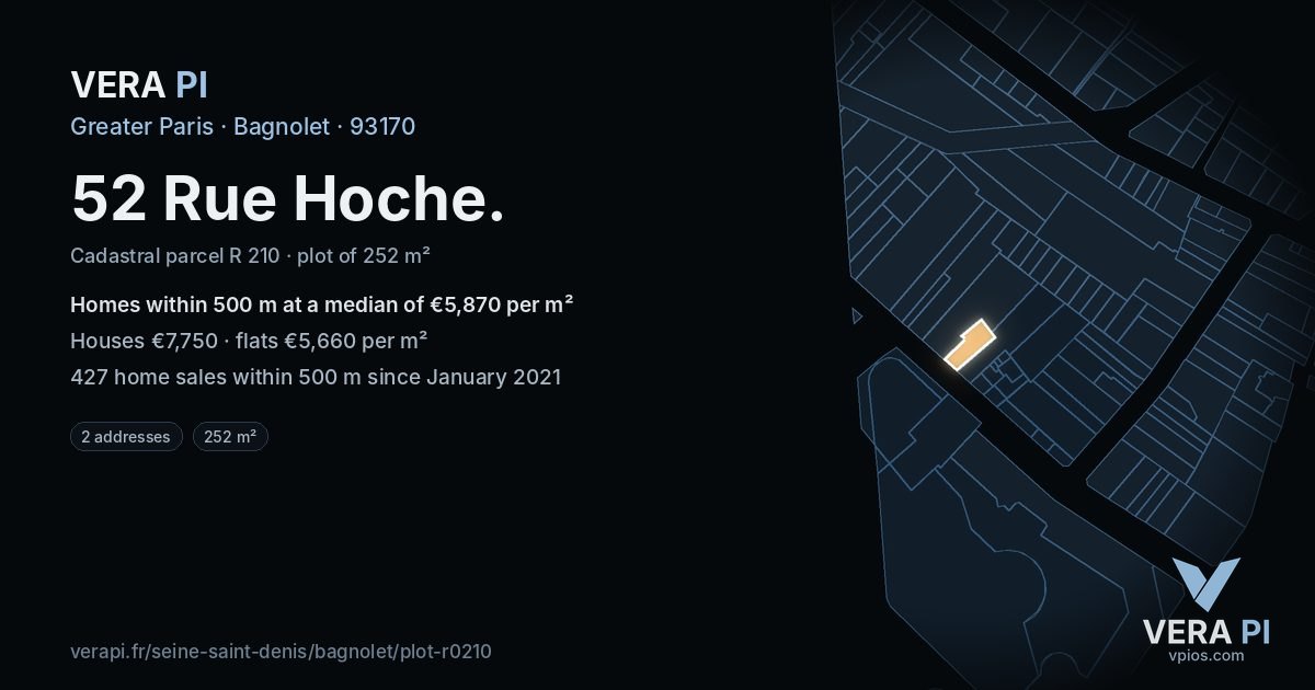 52 Rue Hoche, Bagnolet at night – the plot lit, the parcels around coloured by the prices near them