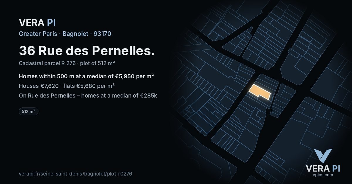 36 Rue des Pernelles, Bagnolet at night – the plot lit, the parcels around coloured by the prices near them