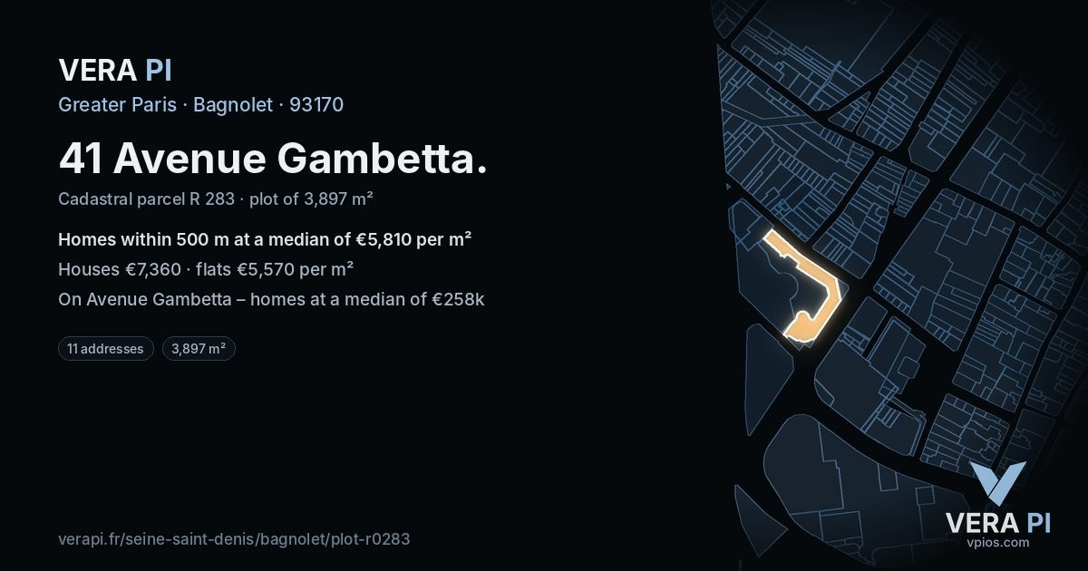 41 Avenue Gambetta, Bagnolet at night – the plot lit, the parcels around coloured by the prices near them