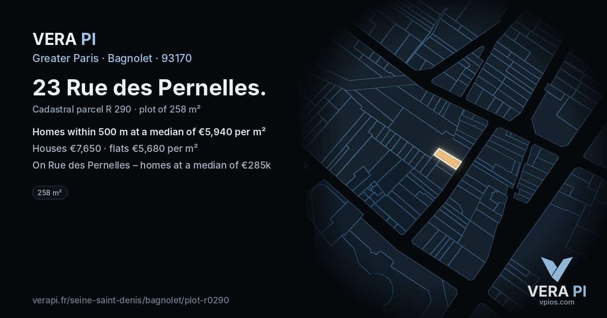 23 Rue des Pernelles, Bagnolet at night – the plot lit, the parcels around coloured by the prices near them
