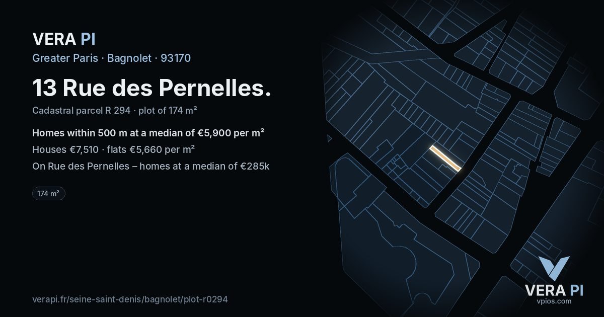 13 Rue des Pernelles, Bagnolet at night – the plot lit, the parcels around coloured by the prices near them