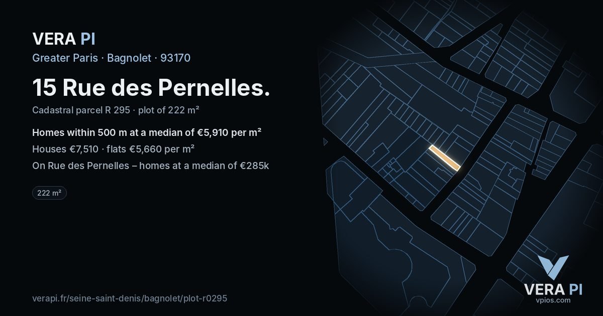 15 Rue des Pernelles, Bagnolet at night – the plot lit, the parcels around coloured by the prices near them
