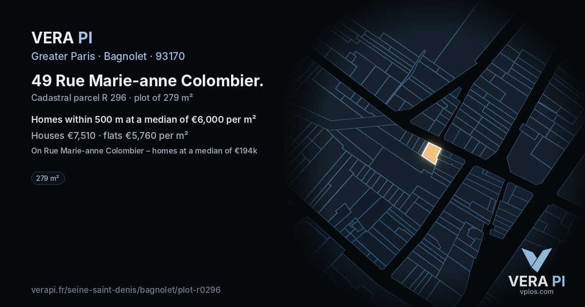 49 Rue Marie-anne Colombier, Bagnolet at night – the plot lit, the parcels around coloured by the prices near them