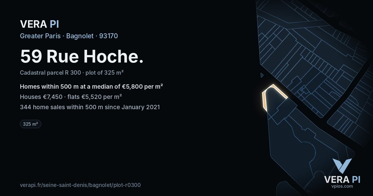 59 Rue Hoche, Bagnolet at night – the plot lit, the parcels around coloured by the prices near them