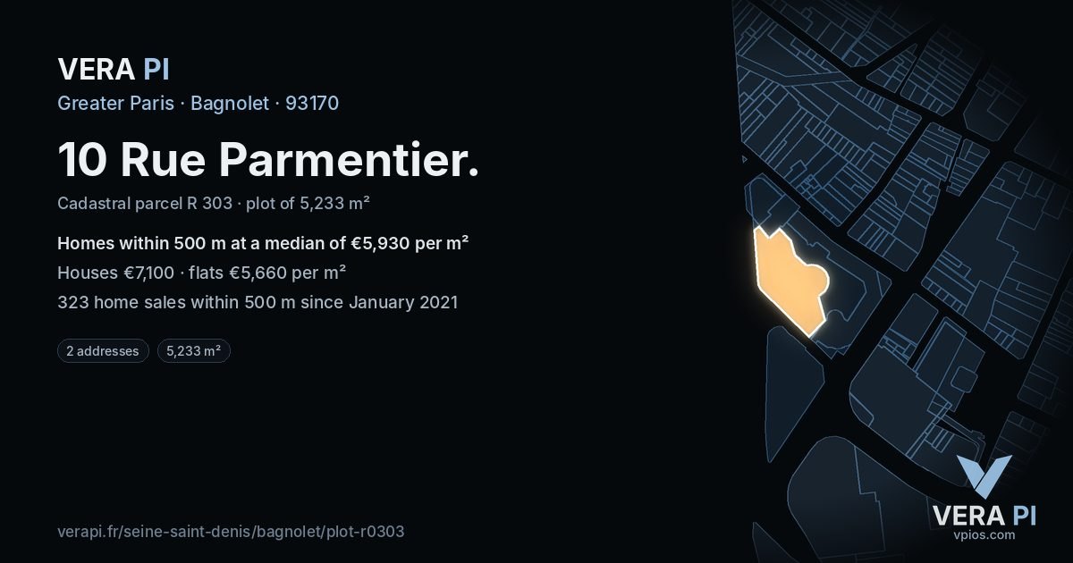 10 Rue Parmentier, Bagnolet at night – the plot lit, the parcels around coloured by the prices near them