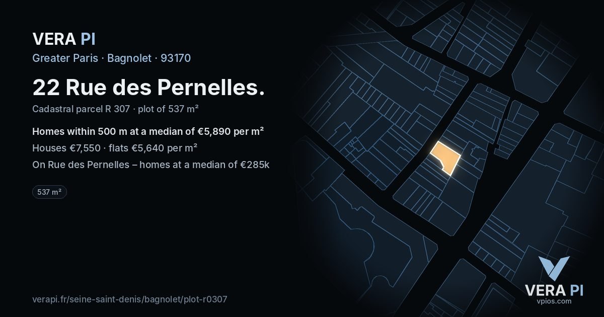 22 Rue des Pernelles, Bagnolet at night – the plot lit, the parcels around coloured by the prices near them
