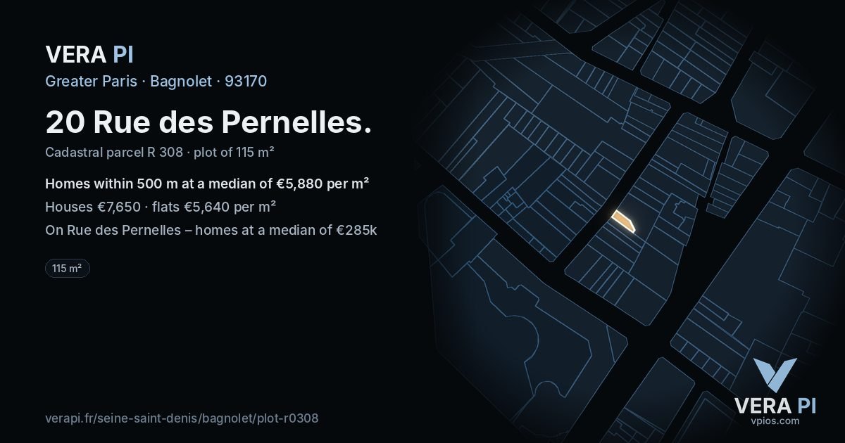 20 Rue des Pernelles, Bagnolet at night – the plot lit, the parcels around coloured by the prices near them