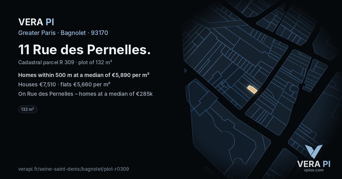 11 Rue des Pernelles, Bagnolet at night – the plot lit, the parcels around coloured by the prices near them