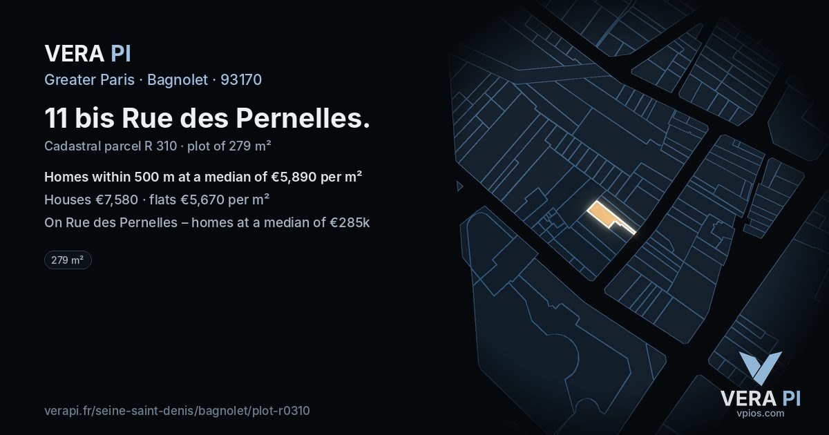 11 bis Rue des Pernelles, Bagnolet at night – the plot lit, the parcels around coloured by the prices near them