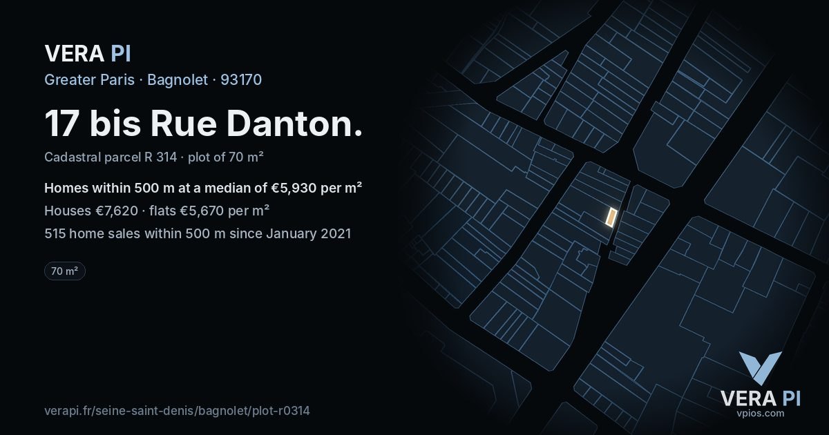 17 bis Rue Danton, Bagnolet at night – the plot lit, the parcels around coloured by the prices near them