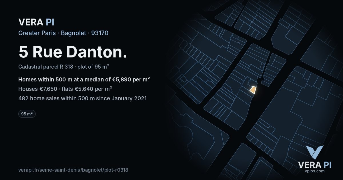 5 Rue Danton, Bagnolet at night – the plot lit, the parcels around coloured by the prices near them