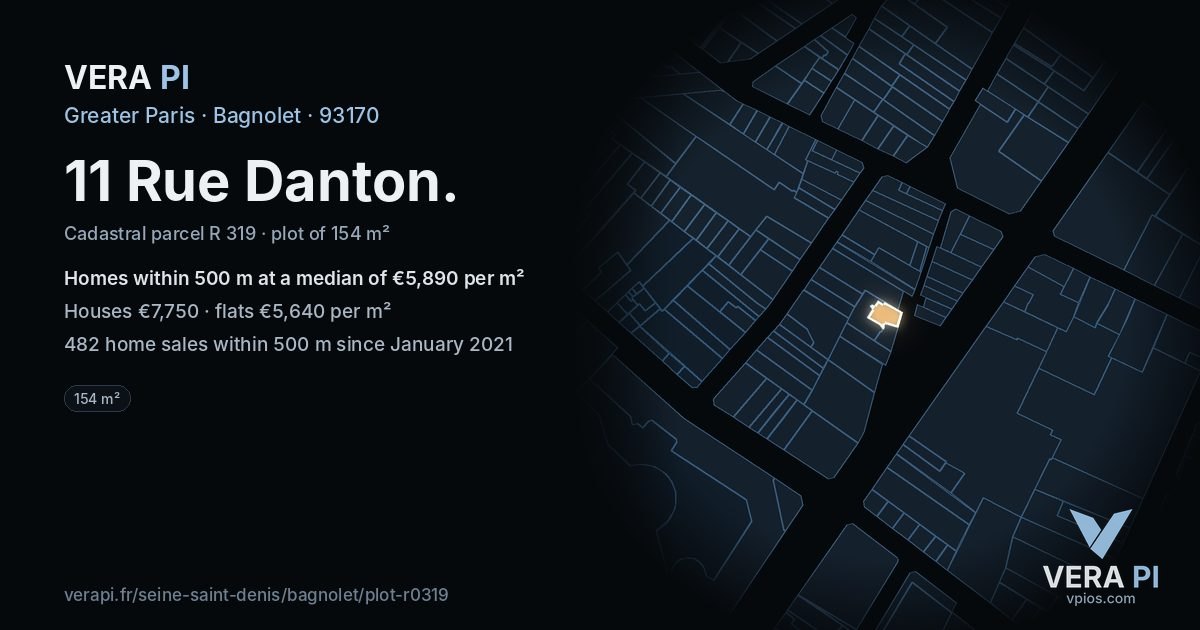 11 Rue Danton, Bagnolet at night – the plot lit, the parcels around coloured by the prices near them