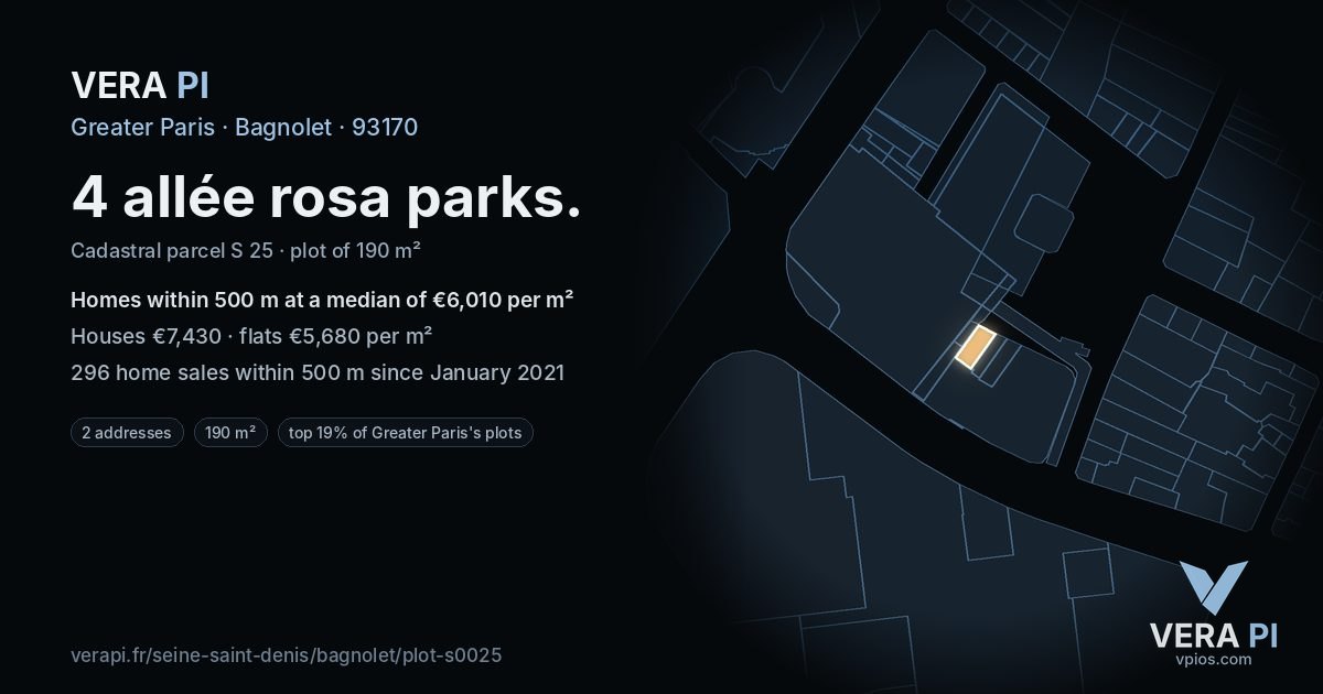 4 allée rosa parks, Bagnolet at night – the plot lit, the parcels around coloured by the prices near them
