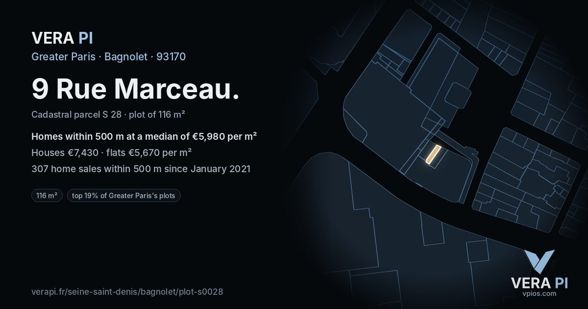 9 Rue Marceau, Bagnolet at night – the plot lit, the parcels around coloured by the prices near them