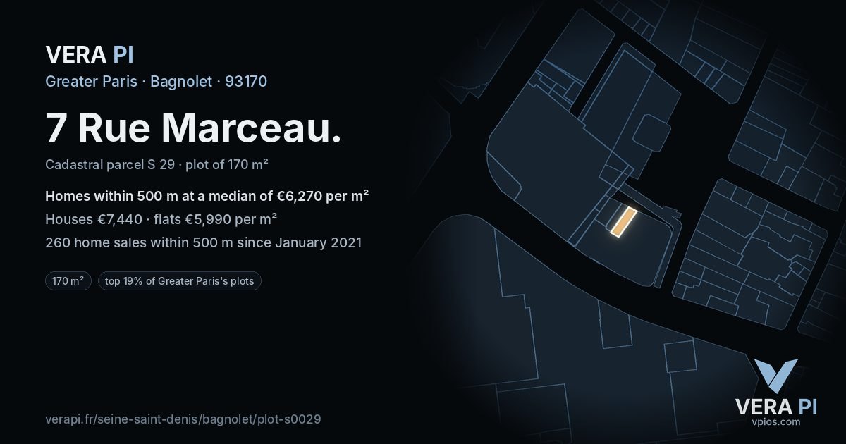 7 Rue Marceau, Bagnolet at night – the plot lit, the parcels around coloured by the prices near them