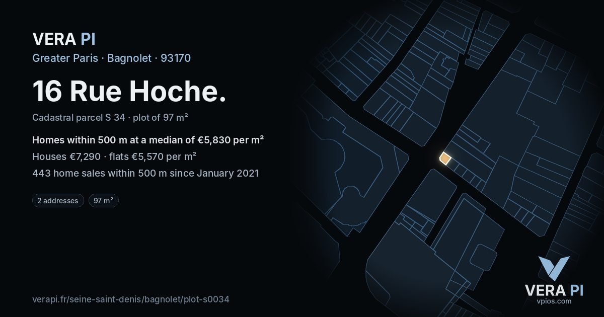 16 Rue Hoche, Bagnolet at night – the plot lit, the parcels around coloured by the prices near them
