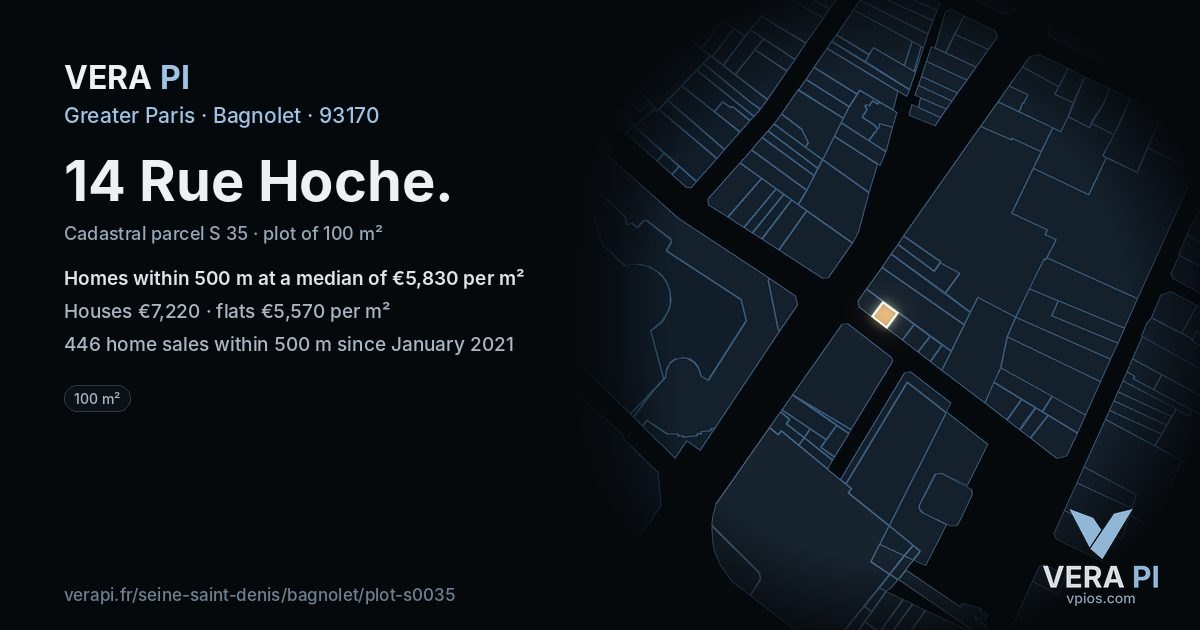 14 Rue Hoche, Bagnolet at night – the plot lit, the parcels around coloured by the prices near them