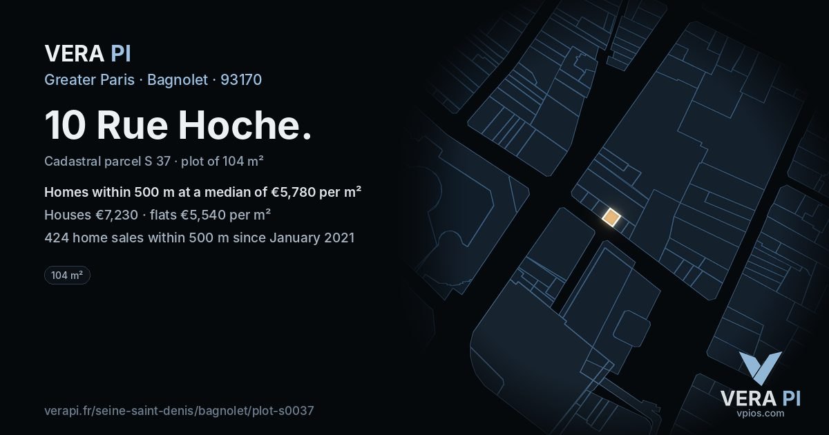 10 Rue Hoche, Bagnolet at night – the plot lit, the parcels around coloured by the prices near them
