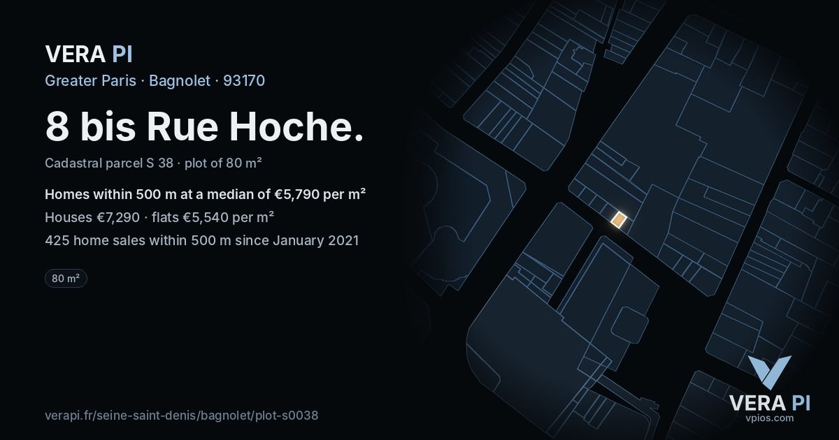 8 bis Rue Hoche, Bagnolet at night – the plot lit, the parcels around coloured by the prices near them