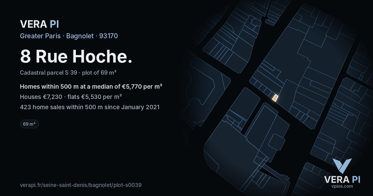 8 Rue Hoche, Bagnolet at night – the plot lit, the parcels around coloured by the prices near them