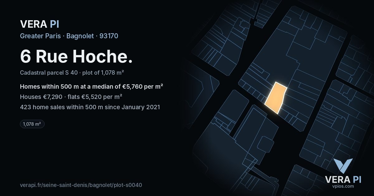 6 Rue Hoche, Bagnolet at night – the plot lit, the parcels around coloured by the prices near them