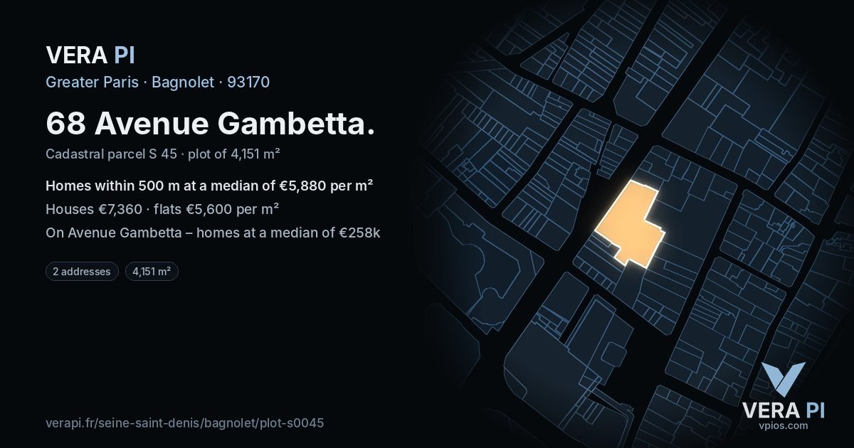 68 Avenue Gambetta, Bagnolet at night – the plot lit, the parcels around coloured by the prices near them