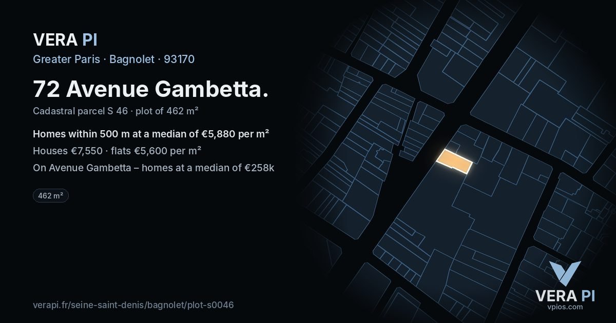 72 Avenue Gambetta, Bagnolet at night – the plot lit, the parcels around coloured by the prices near them