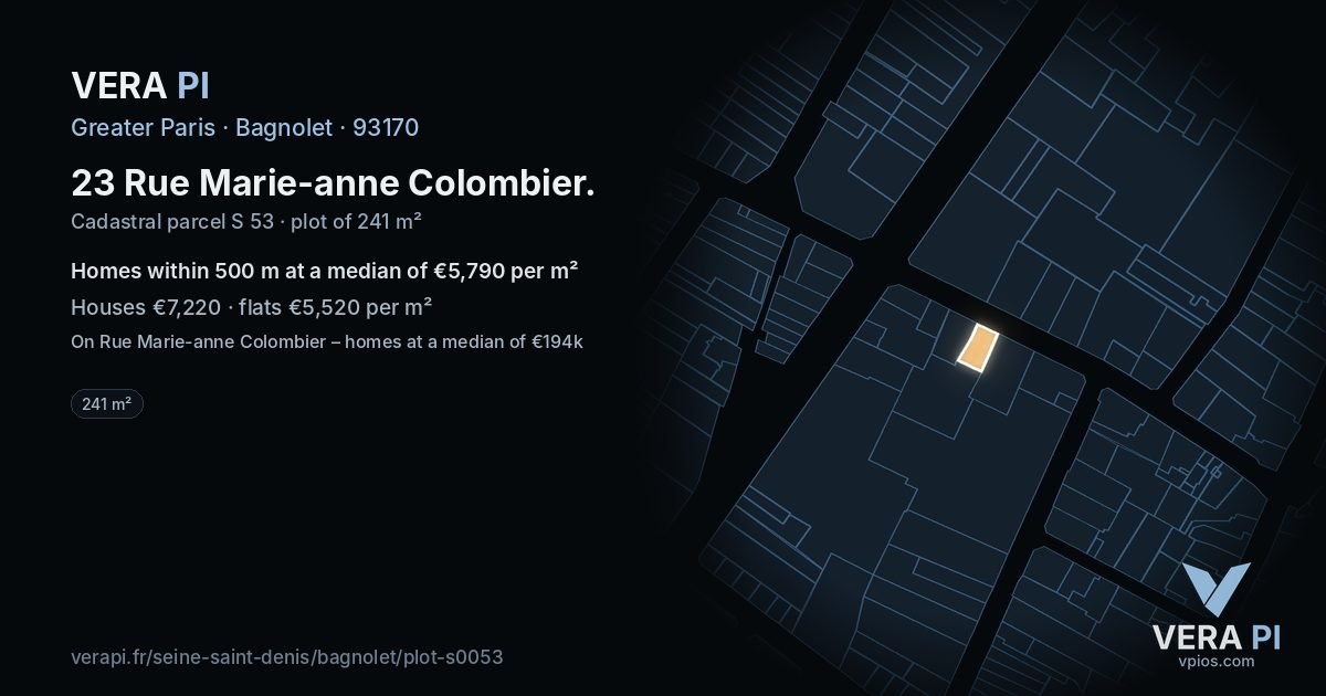 23 Rue Marie-anne Colombier, Bagnolet at night – the plot lit, the parcels around coloured by the prices near them