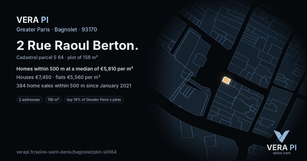 2 Rue Raoul Berton, Bagnolet at night – the plot lit, the parcels around coloured by the prices near them