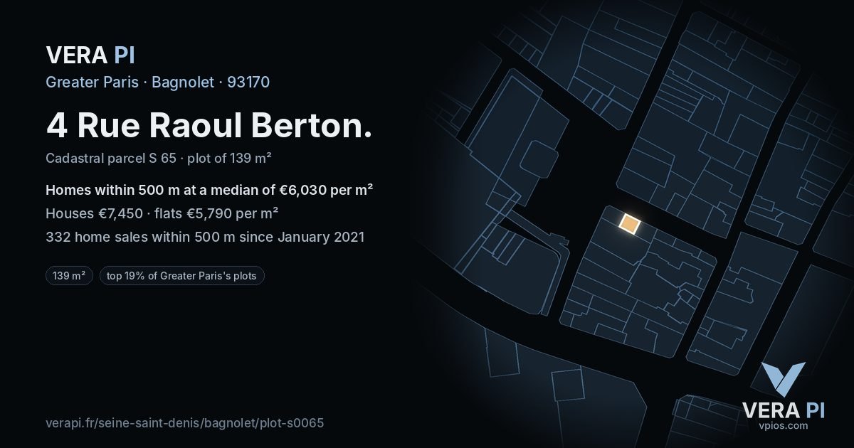 4 Rue Raoul Berton, Bagnolet at night – the plot lit, the parcels around coloured by the prices near them