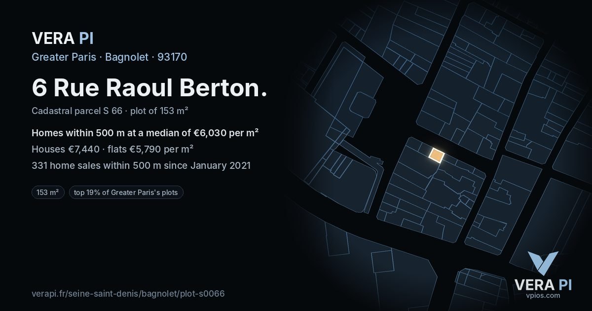 6 Rue Raoul Berton, Bagnolet at night – the plot lit, the parcels around coloured by the prices near them